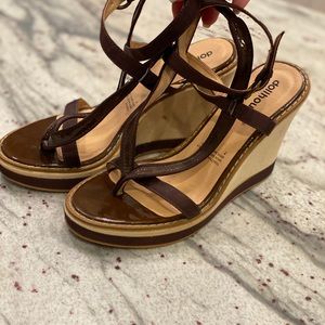 Brown and Tan Wedge Thong Sandals